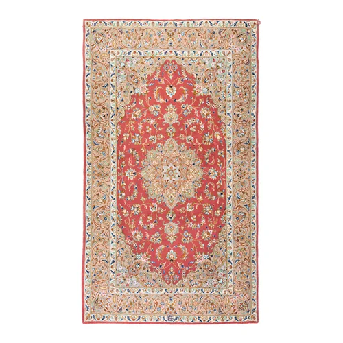 فرش دستبافت کرک ابریشم پرده ای کاشان دلنشان، ابعاد:140×242